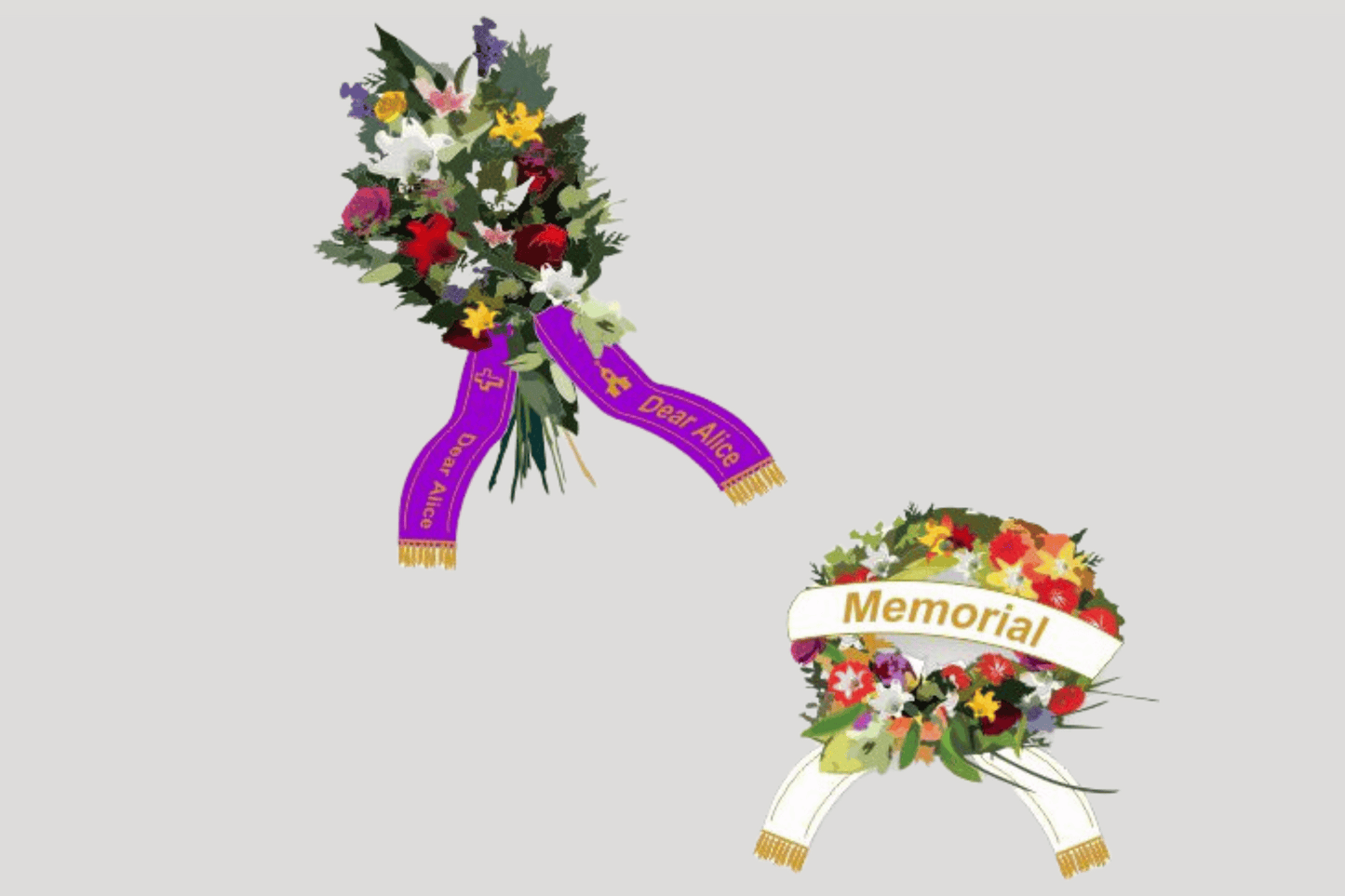 To blomsterbuketter med bånd på, inkludert JM Band®s Buketbånd trykk Design selv.