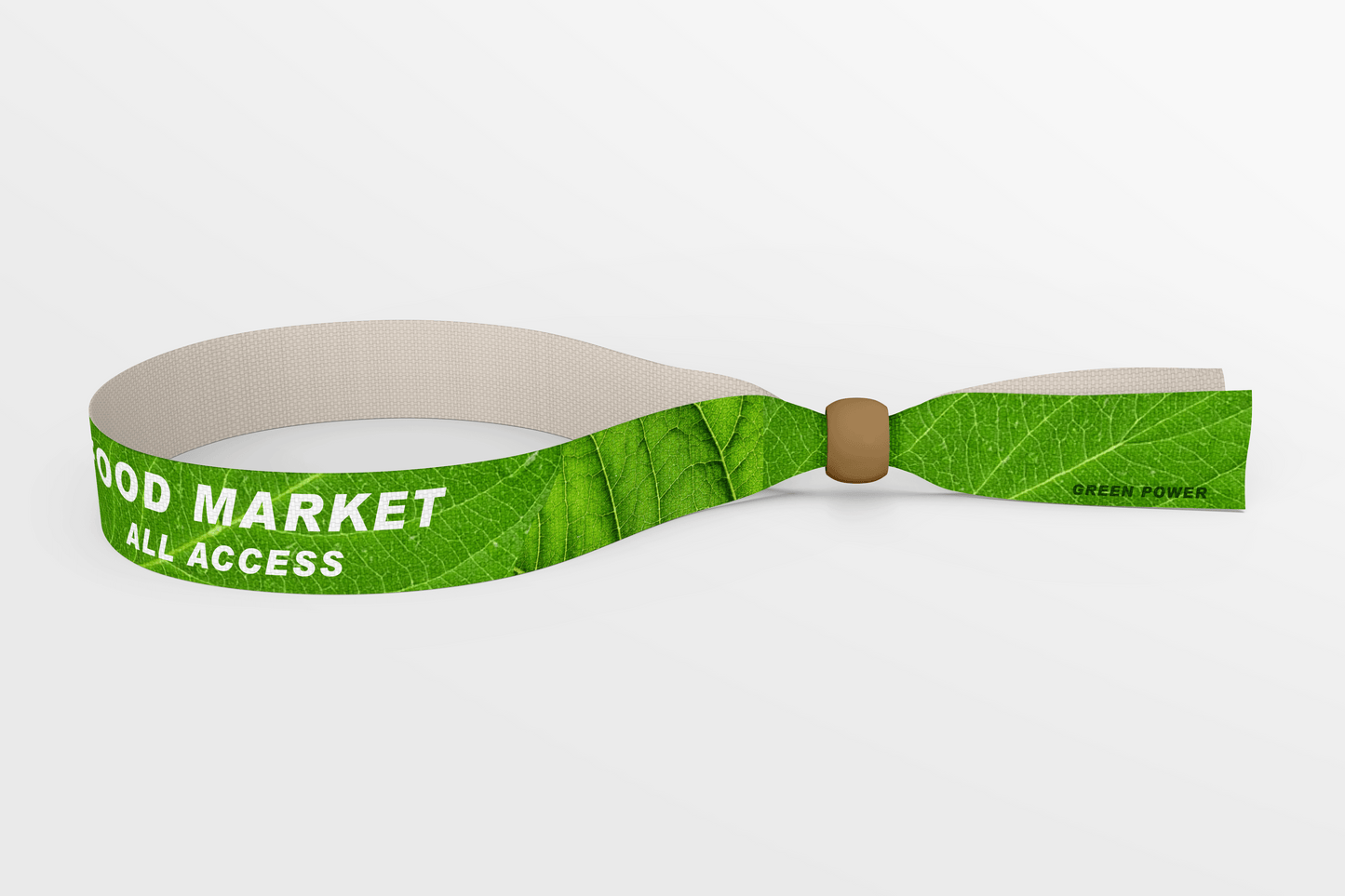 Et grønt armbånd med ordene "food market tekstilarmbånd all access," kalt ECO resirkulert PET stoff armbånd Via eMail, laget av JM Band NO.