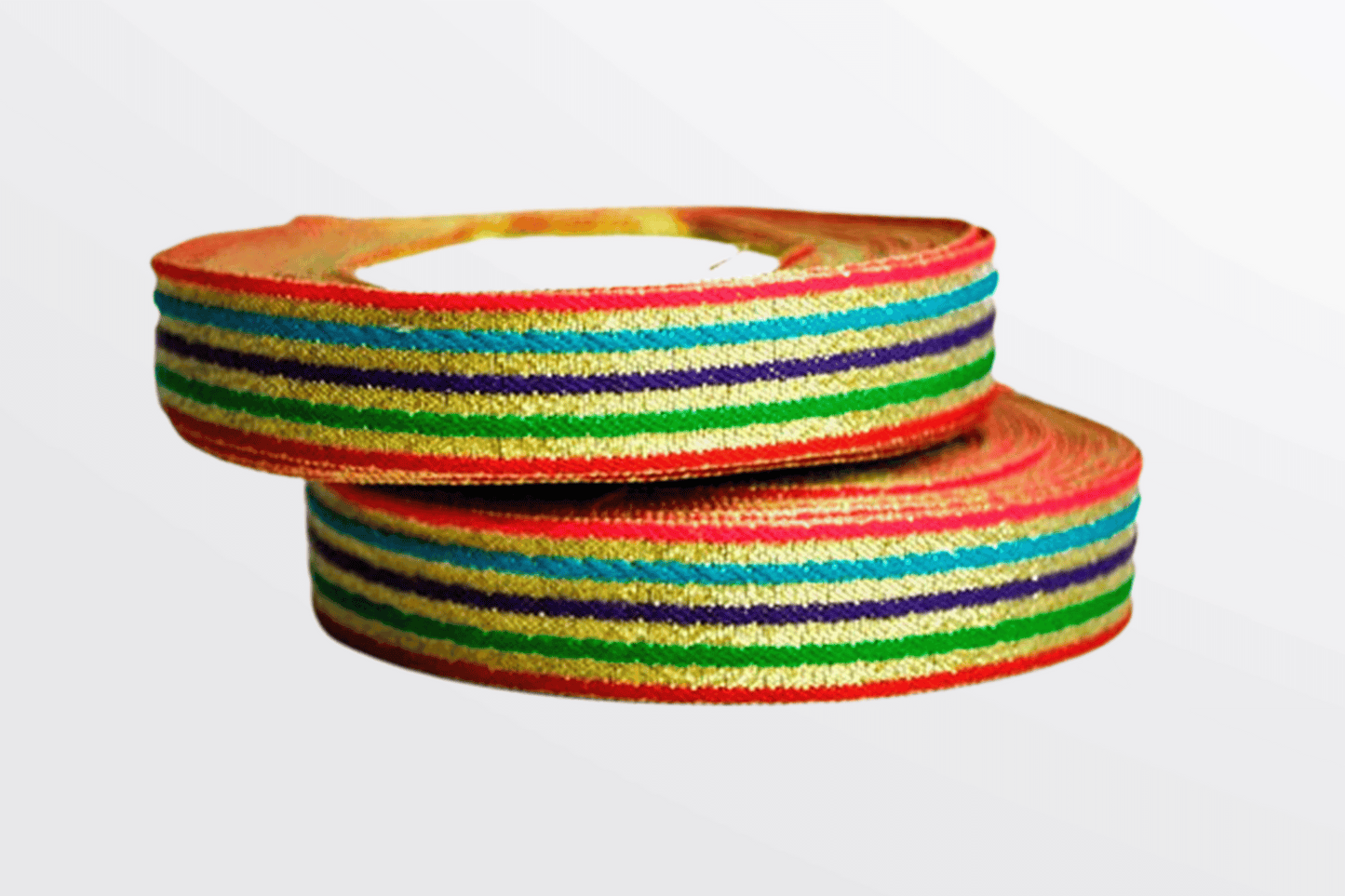 Et par fargerike stripete bånd på hvit bakgrunn, perfekt for JM Band®s Farvebånd metalic multi farve eller innvielse.