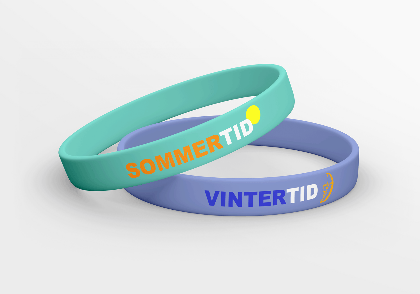 To Silikon armbånd silketrykk Via e-post med ordene sommertid og vintertid, fra JM Band®.