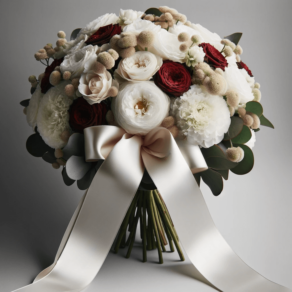 En bukett med hvite og røde blomster med et hvitt bånd.