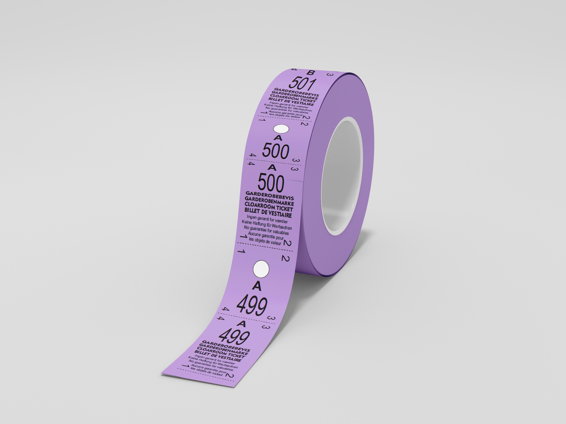 A roll of Garderobelapper rulle 500 to deler med et nummer på, som inneholder billetter som kan innløses eller drikkebilletter, av JM Band NO.