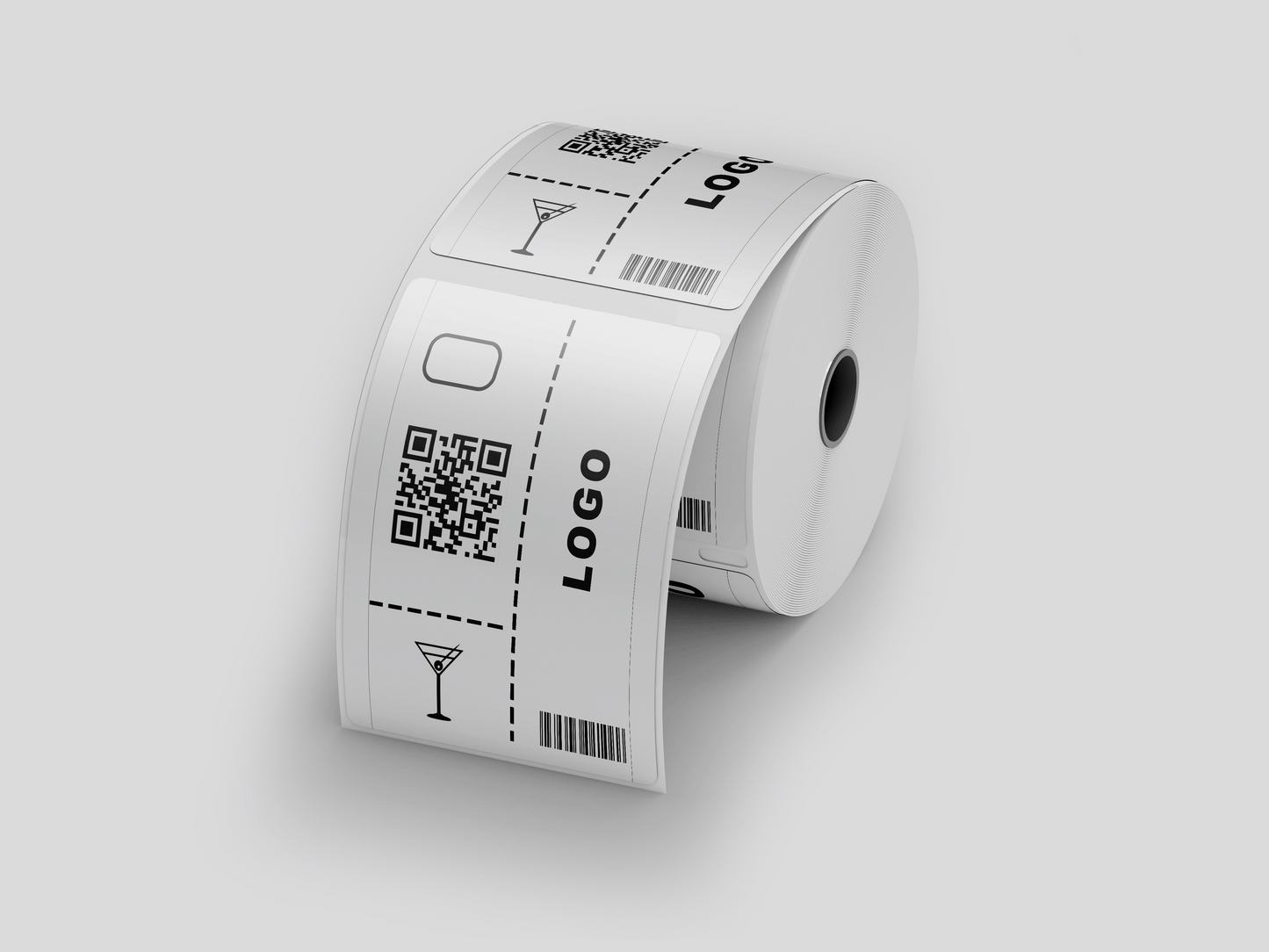 En rull Garderobelapper trykk Via e-post med en qr-kode på som kan brukes som drikkebilletter eller billetter som kan innløses for drinker, av JM Band NO.