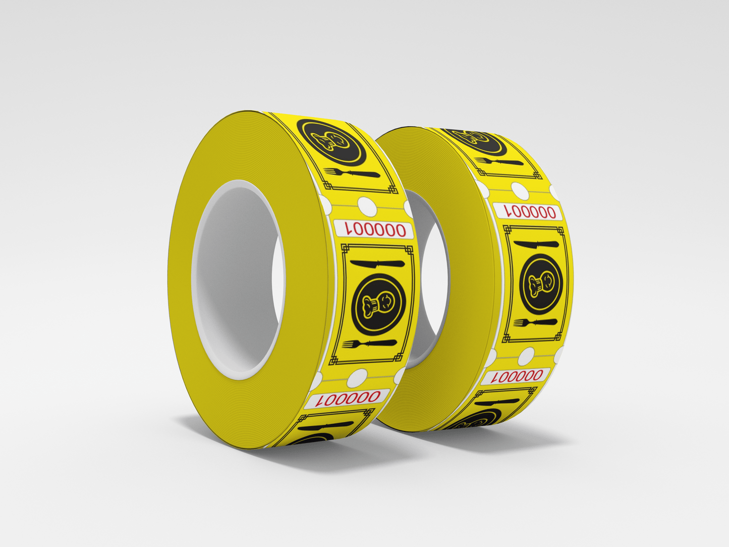 To gule ruller med Matbilletter-tape av JM Band NO på hvit bakgrunn.