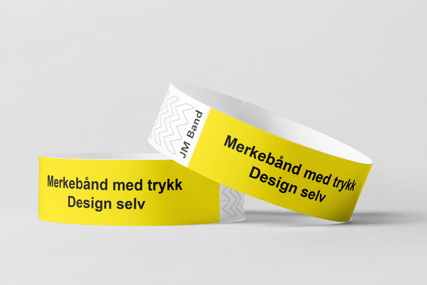 To gule armbånd, JM Band NO armbånd, med Merking av kassetttrykk Design selv på.