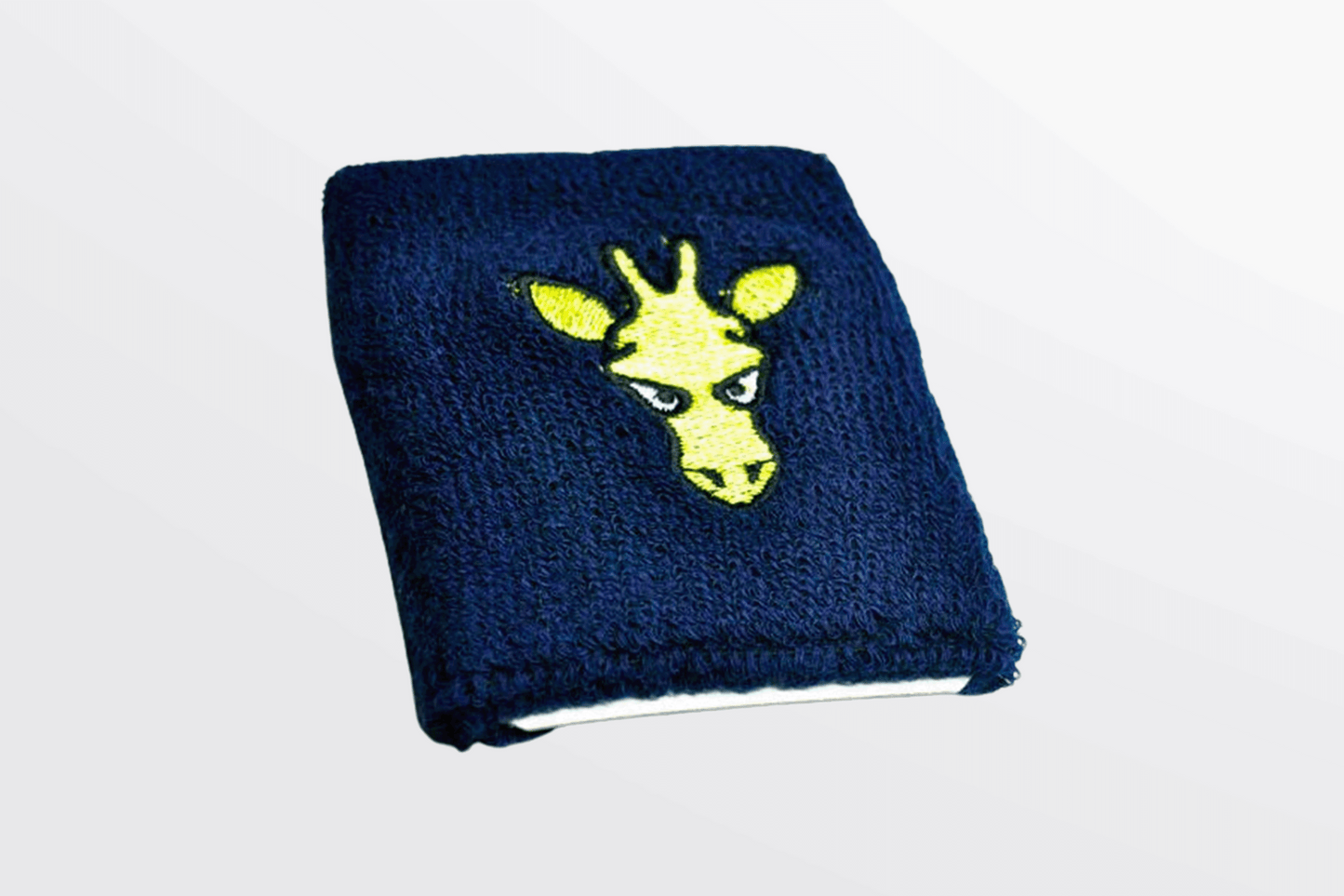 Et svettearmbånd brodert Via e-post, med en giraff, er et blått og gult armbånd kjent for rask levering, av JM Band®.