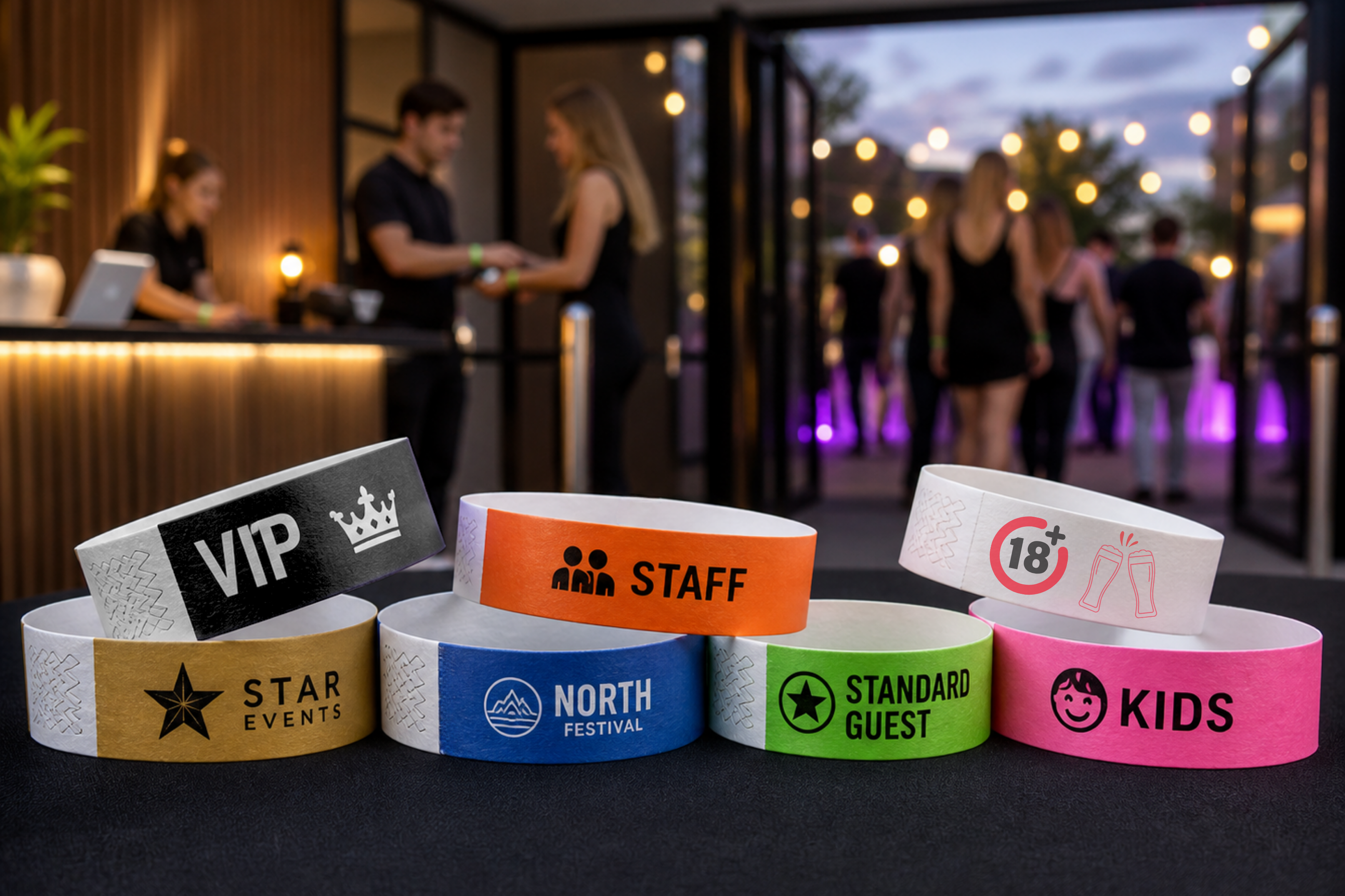 Papirarmbånd til arrangementer med logo: adgangskontroll, farger og oversikt