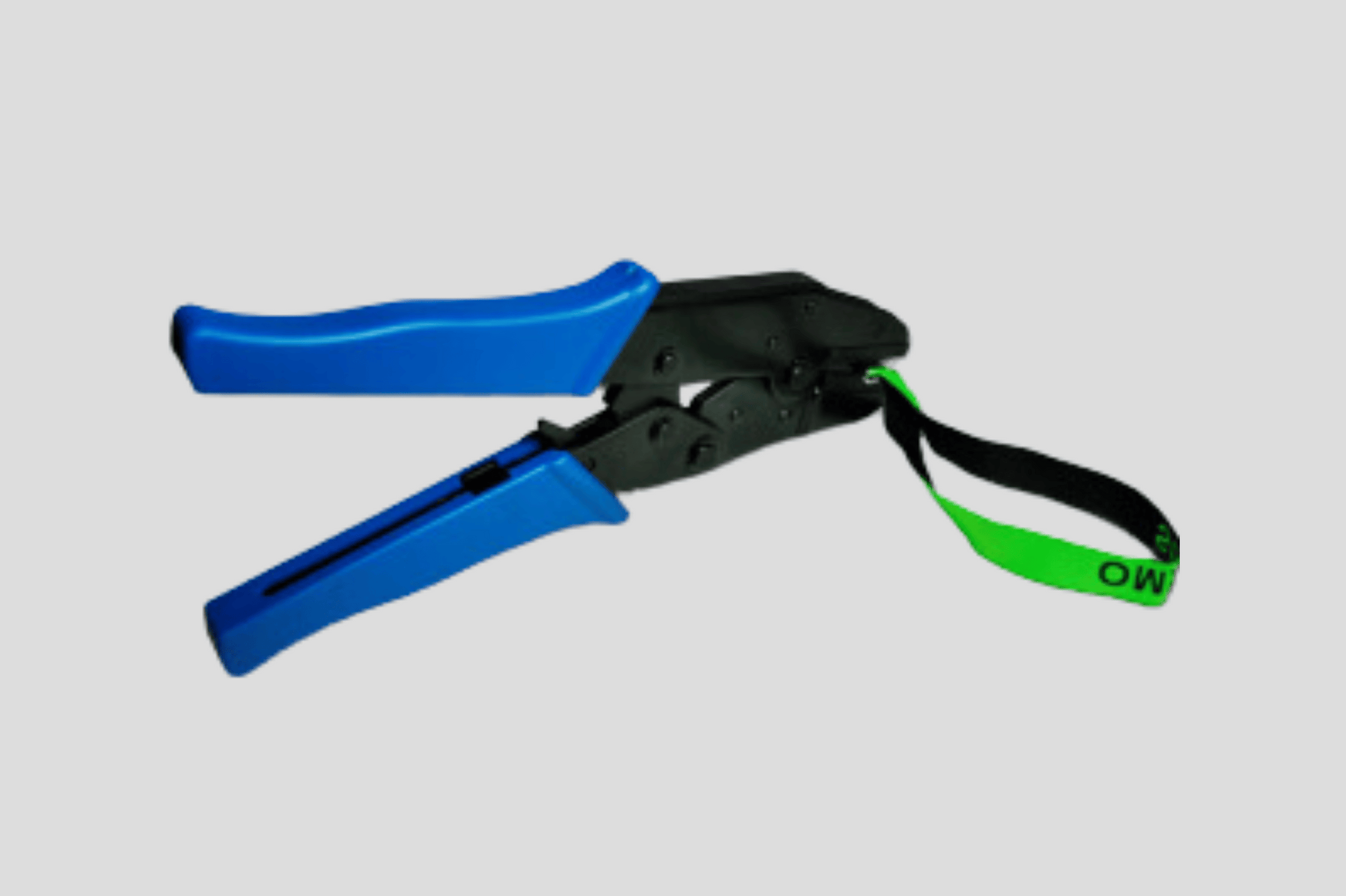 Et par blå og grønne Plomberingstang ergonomisk håndmodell av JM Band NO på grå bakgrunn.