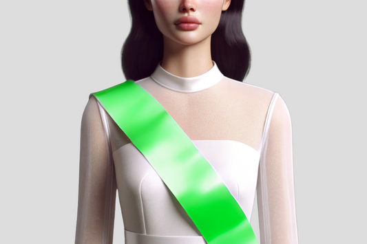 En 3d-modell av en kvinne iført en grønn Missebånd farger sash med ordensbånd, laget av JM Band NO.