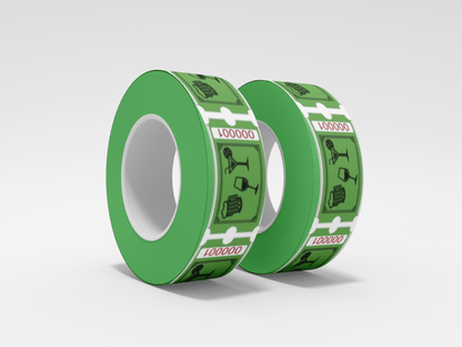 To ruller med grønn tape med design på som kan løses inn som JM Band NO drikkebilletter eller billetter.