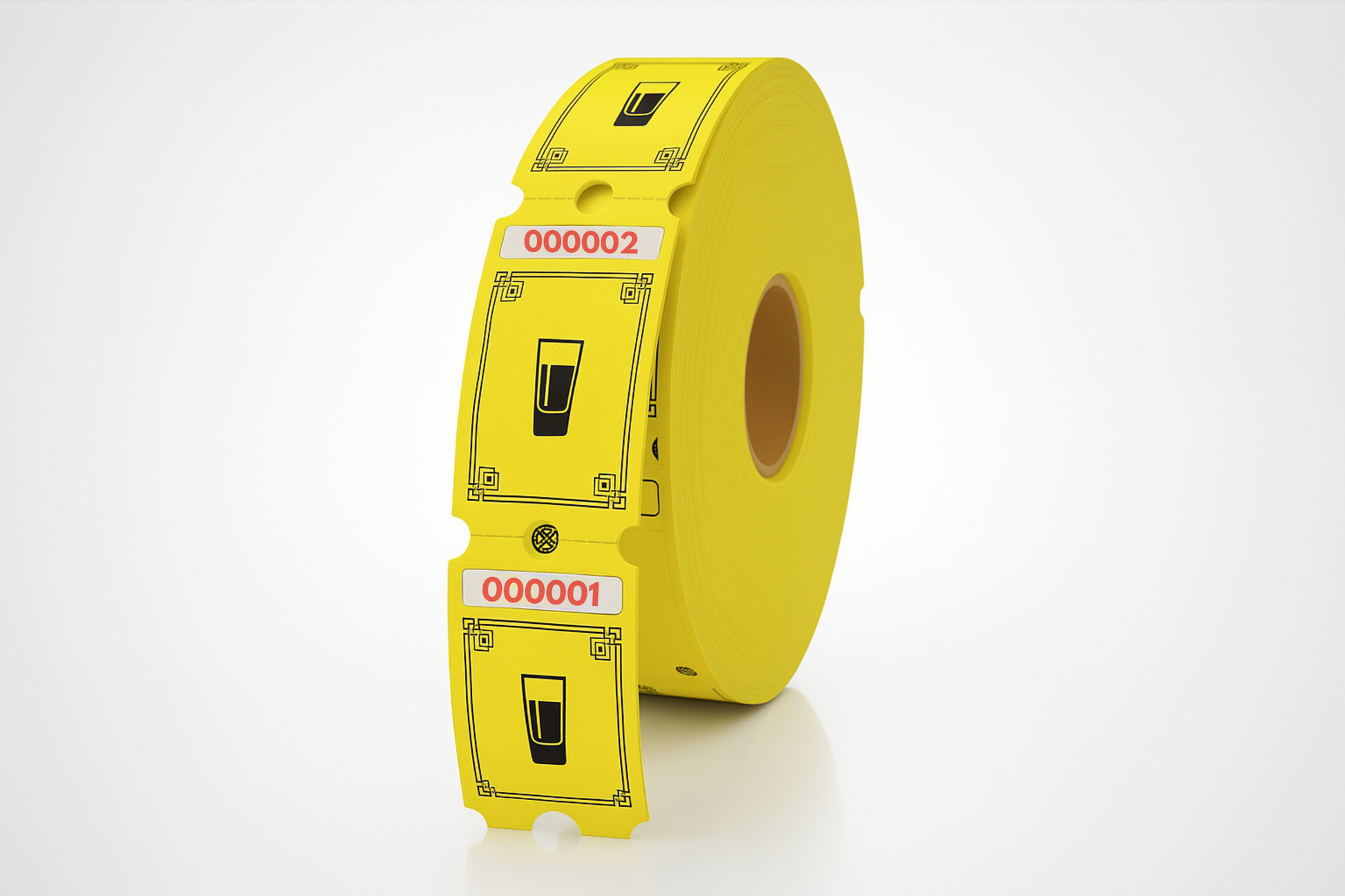 En rulle JM Band® gul tape på hvit bakgrunn som indikerer Drikkebilletter.