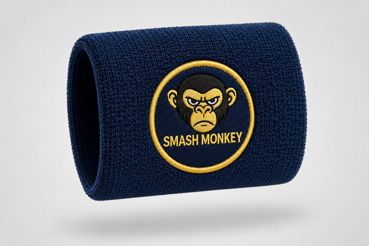 Blått svettearmbånd med brodert logo og tekst – svettearmbånd med eget design fra JM Band®