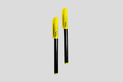 To gule og sorte JM Band NO UV-markør penner på grå bakgrunn.