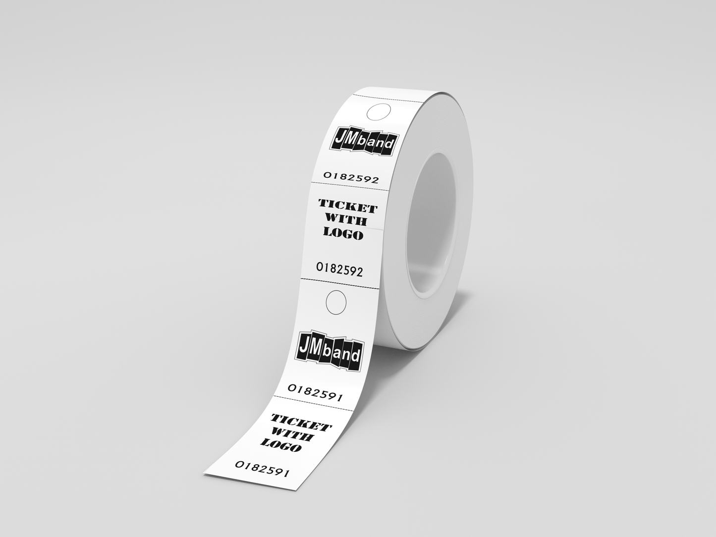 En rull Bærekraftige 2-delte garderobebilletter med tekst og logo tape med hvit etikett på som kan brukes til merking av billetter eller drikkeflasker. (Merke: JM Band NO)