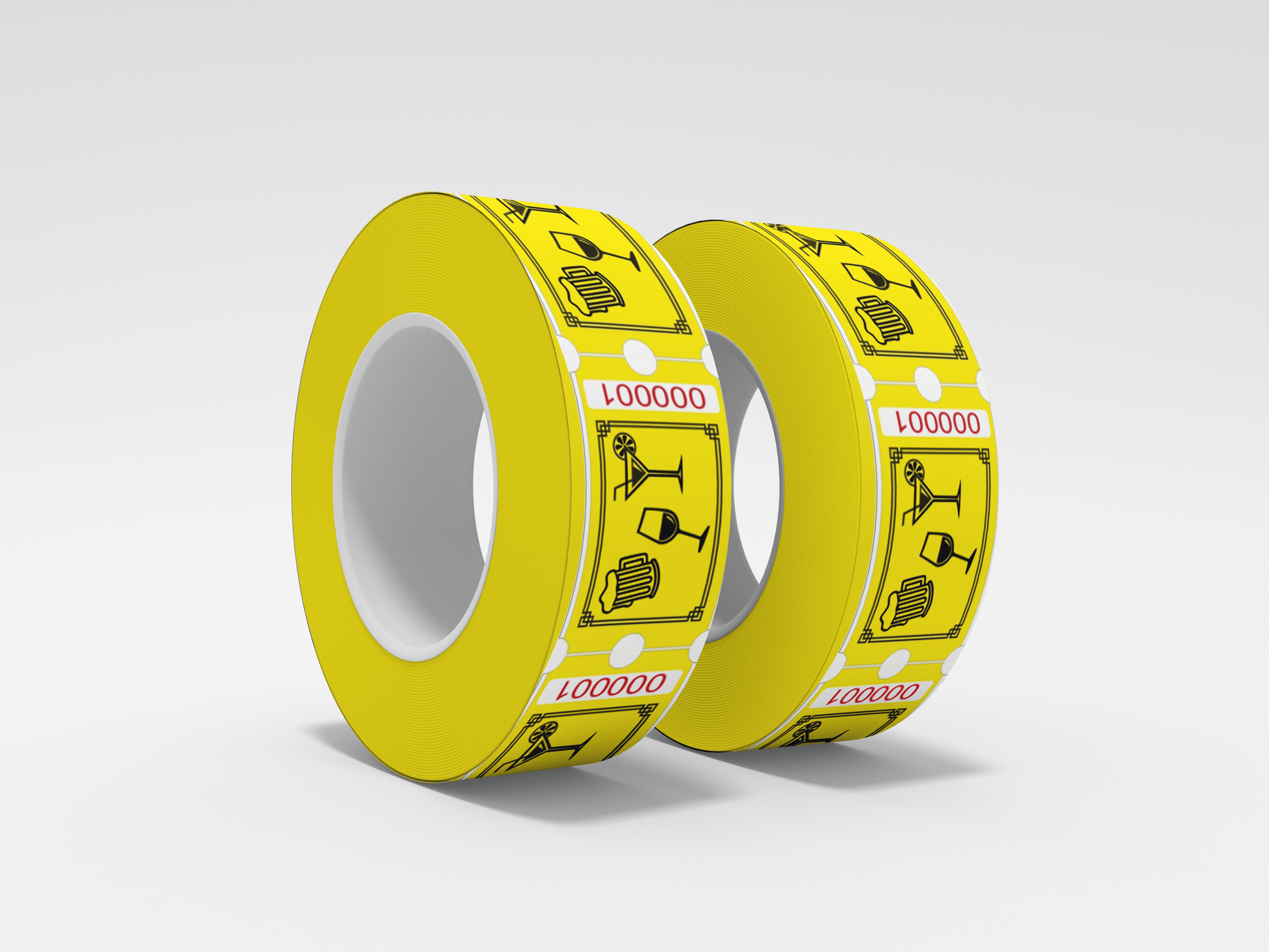 To ruller med Drikkebilletter tape fra JM Band NO med sort og gul design, perfekt for å markere grenser eller sperre av enkelte områder.
