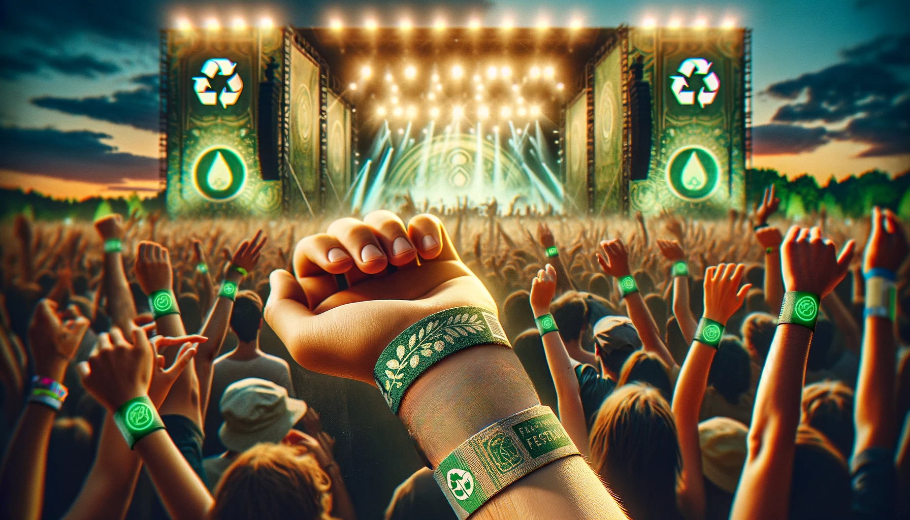 En mengde mennesker på konsert med grønne armbånd.