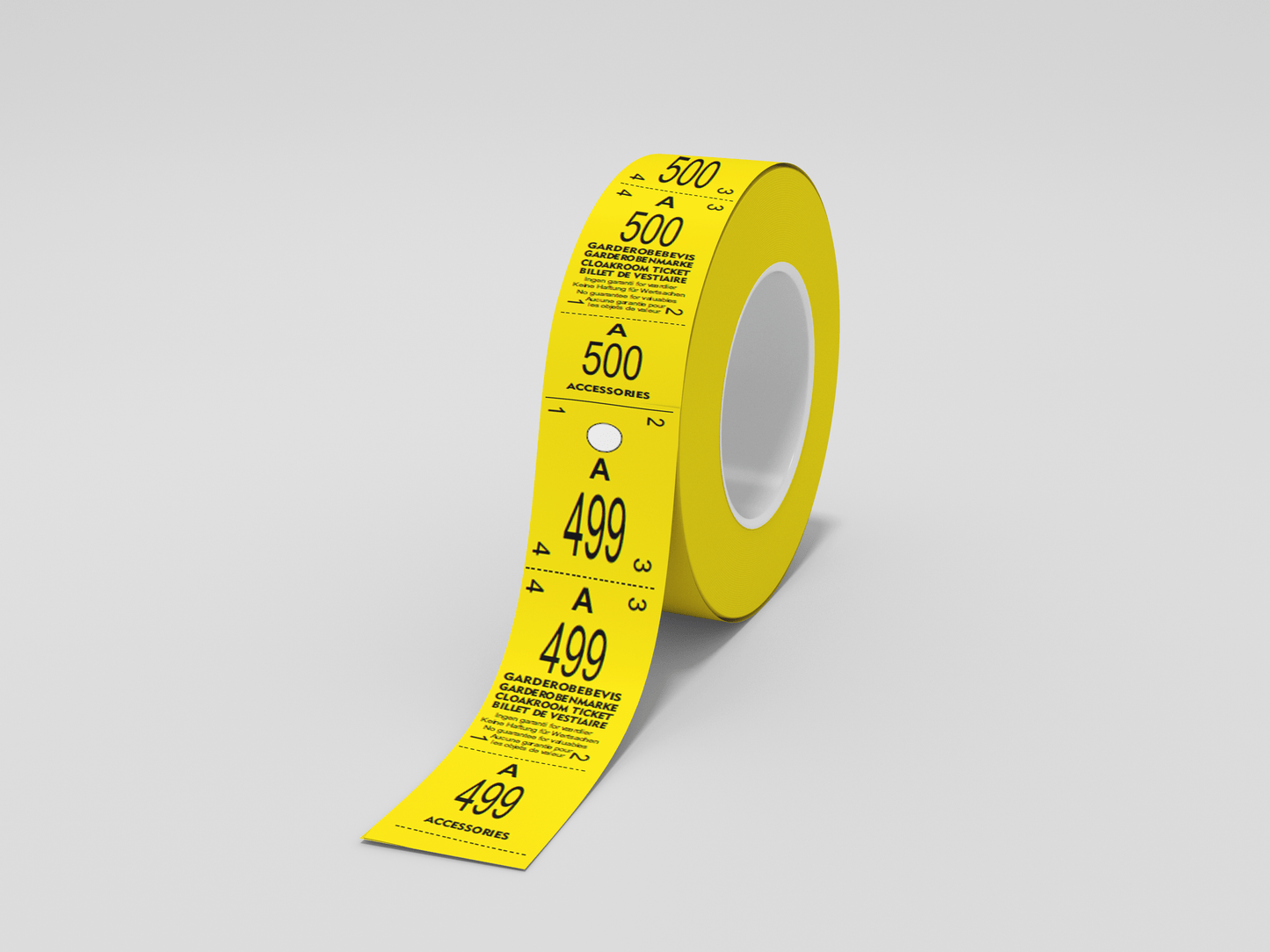 En gul Garderobelapper rulle 500 tre delt med et nummer på brukt som inngangsbilletter.
