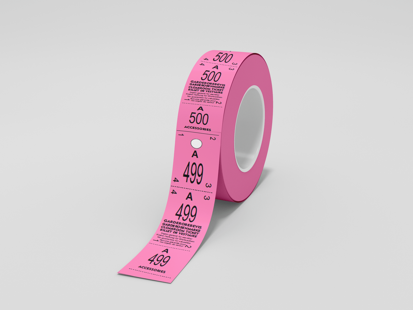 En rosa JM Band NO Garderobelapper rulle 500 tre delt med et nummer på, brukt som garderobebilletter eller inngangsbilletter.