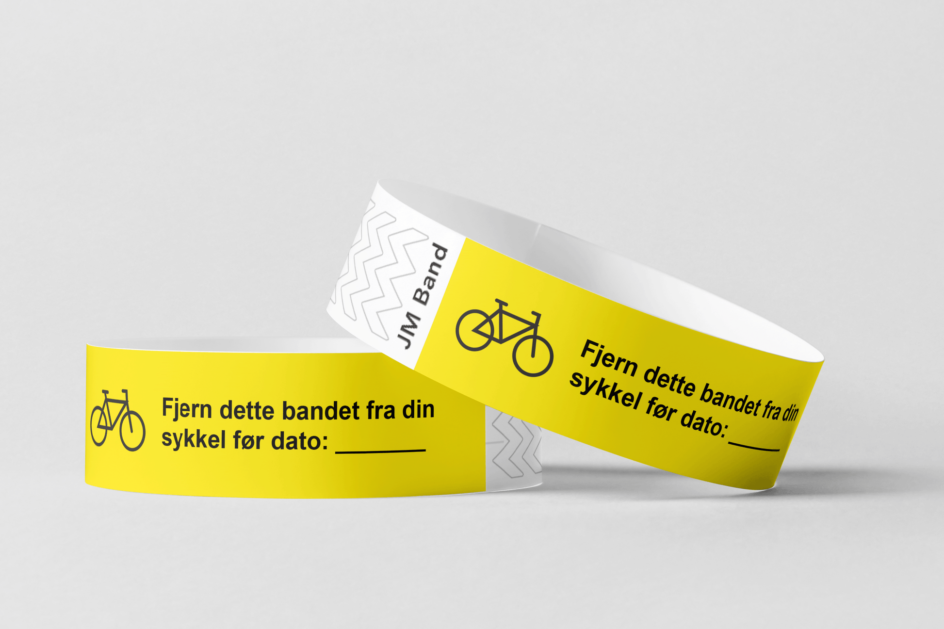 To gule Merking av kassetttrykk Design selv armbånd uten trykk med sykkel på. (Merke: JM Band NO)