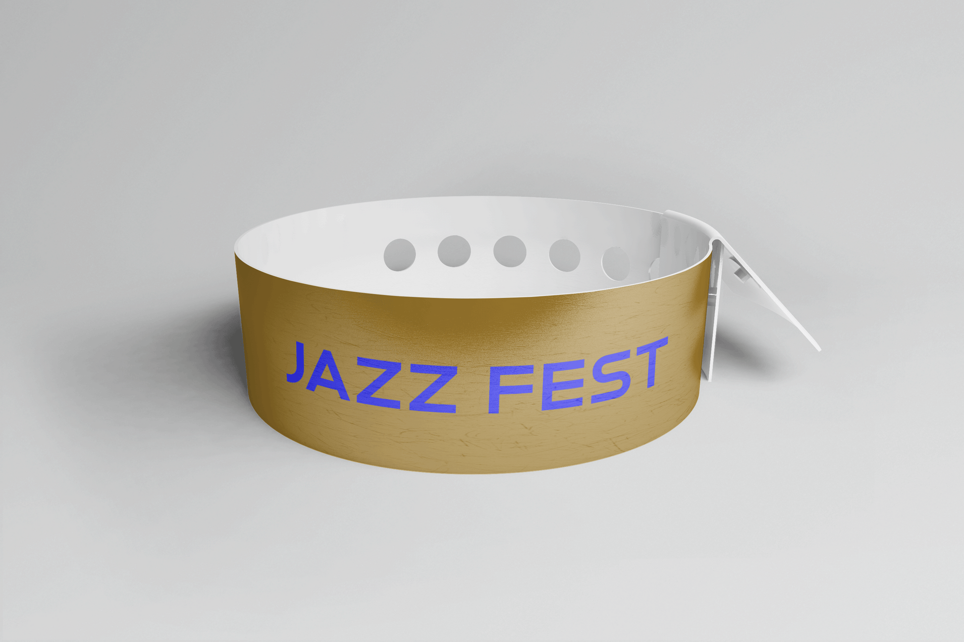 Et gull Plastarmbånd L-print Design selv med ordet jazzfest på, med PVC-materiale for holdbarhet, av JM Band NO.