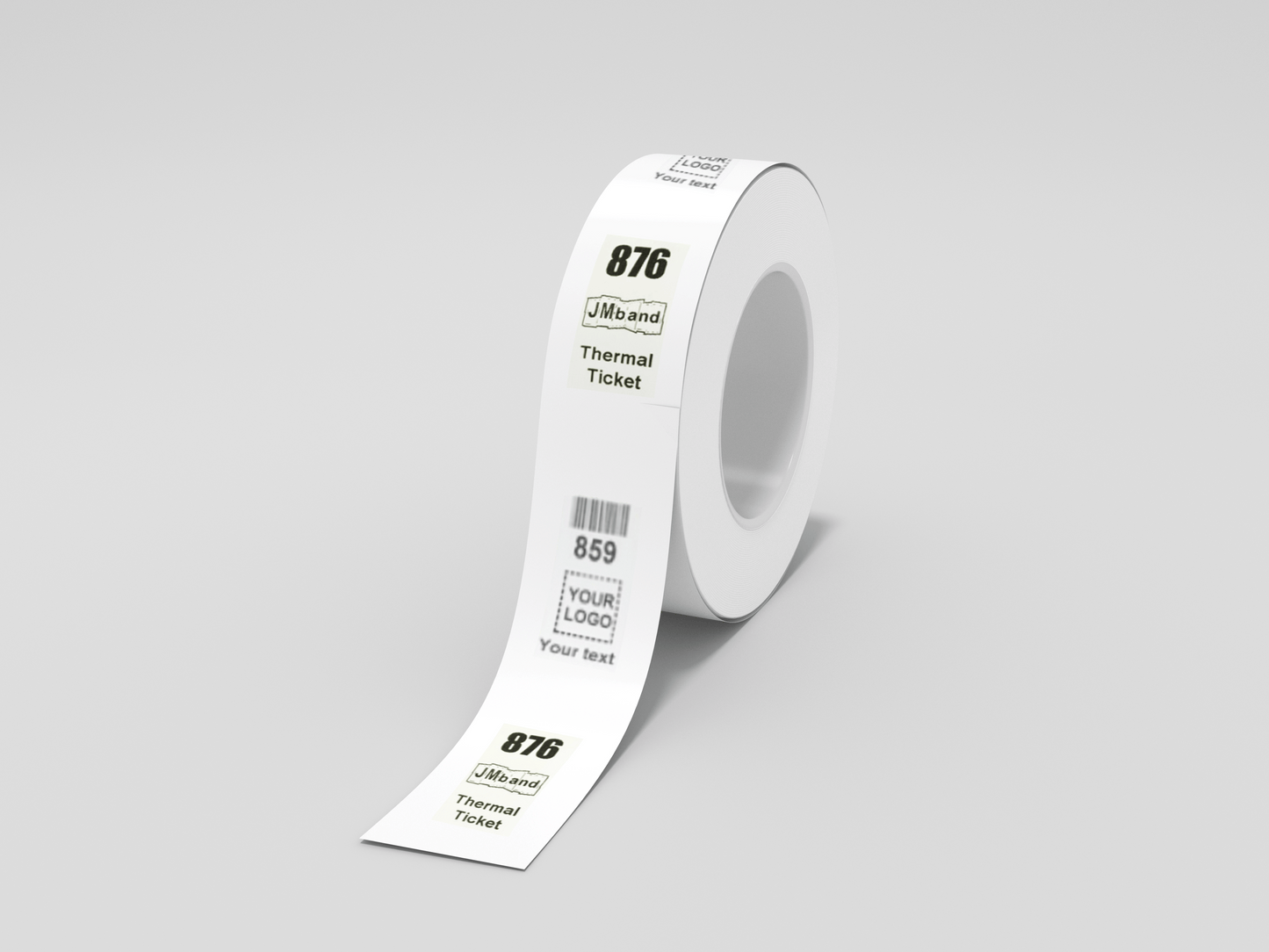En rull Rullebilletter Z Trykk via e-posttape på hvit bakgrunn, også kjent som garderobebilletter eller drinks billetter, av JM Band NO.