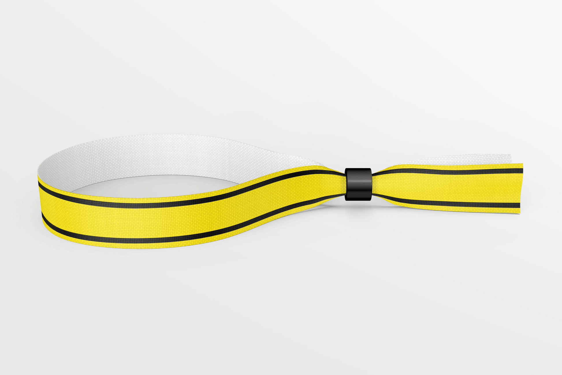 Et gul- og sortstripet JM Band NO armbånd på hvit bakgrunn laget av Tekstilarmbånd farger På lager.