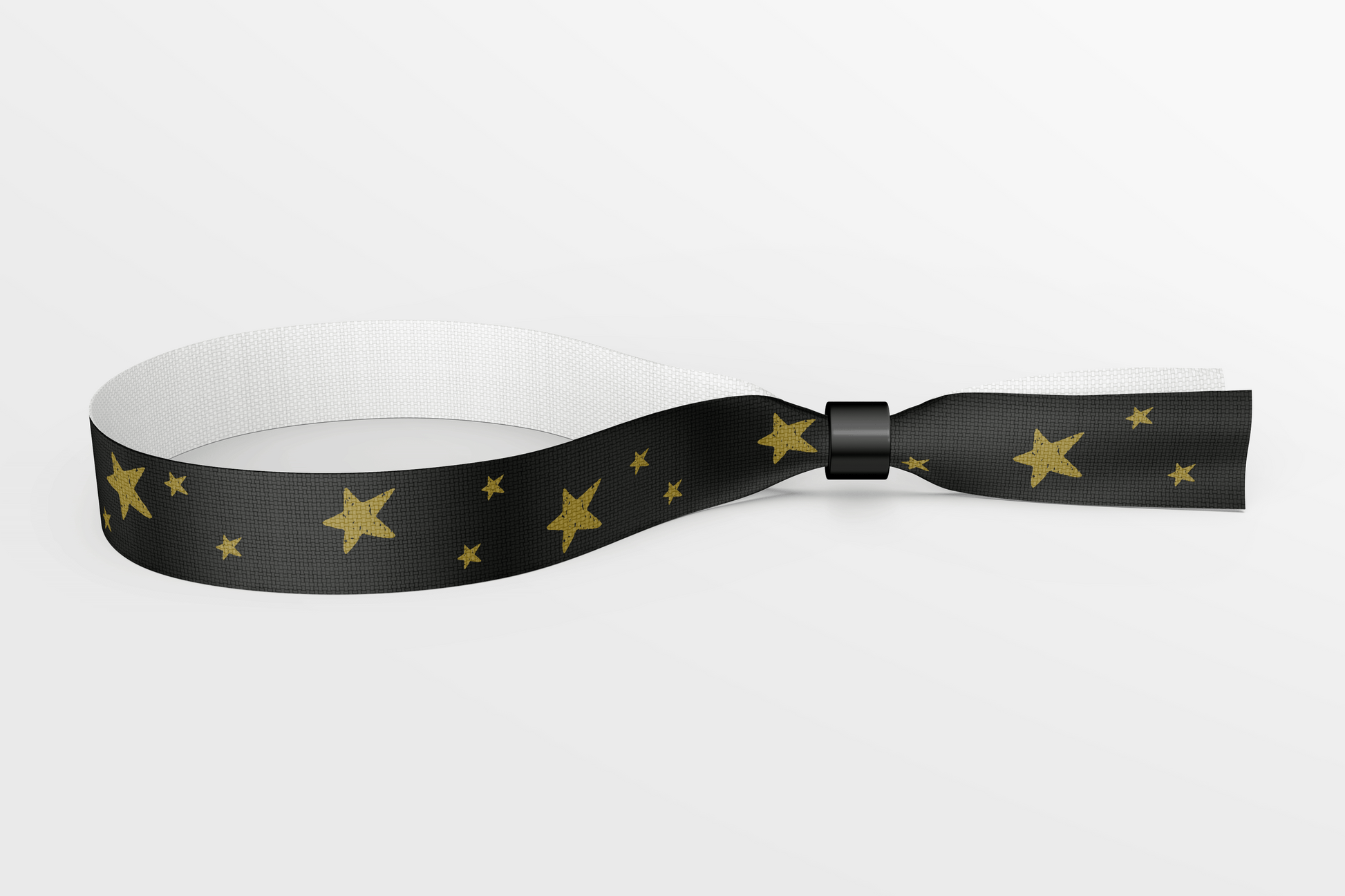 Et svart og gull Tekstil Armbånd med Stjerner og Farger armbånd, perfekt for festivaler, er tilgjengelig fra JM Band NO.