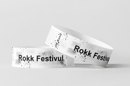 To Papirarmbånd Spesialtilbud - Mysterieboks armbånd med ordet rok festival på, laget av JM Band NO.